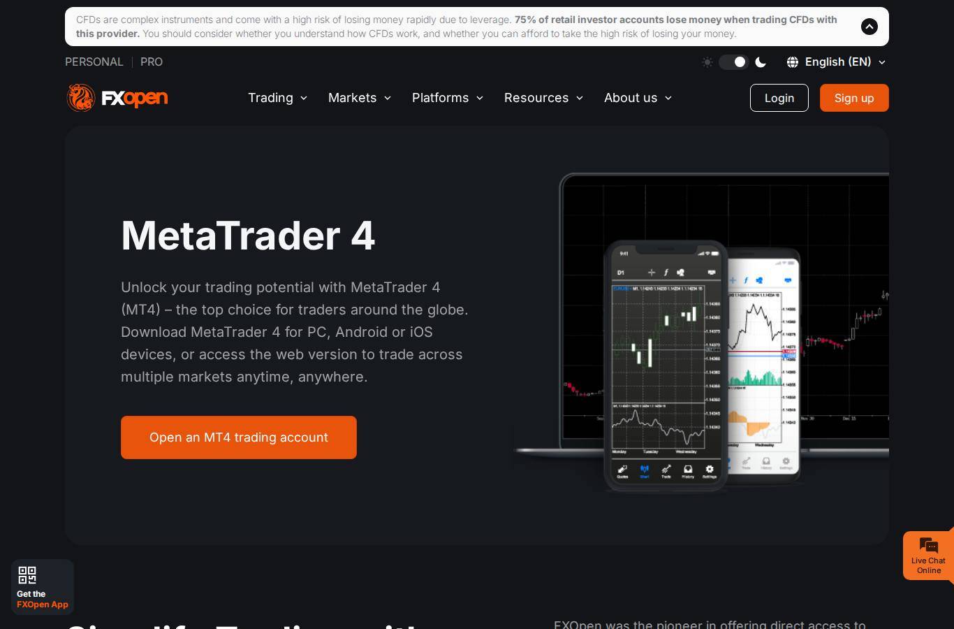 The platform page on the FXOpen website