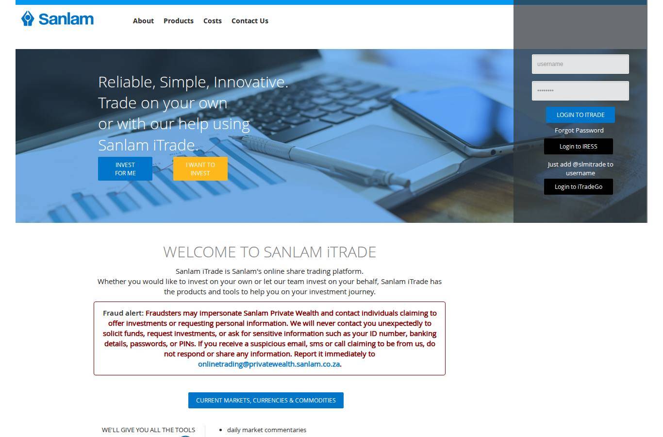 Screenshot of the Sanlam iTrade website