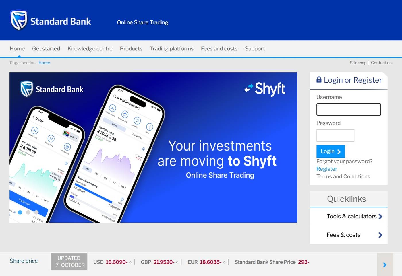 Screenshot of the Standard Bank Online Share Trading (OST / SBG Securities) website